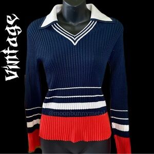 Vintage 60s 70s collar ski or ice skating skater striped knit sweater M